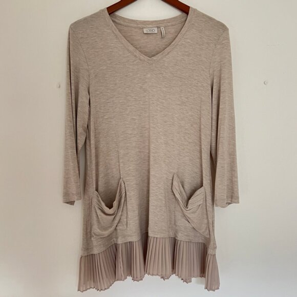 LOGO by Lori Goldstein Dress M Shift Pleats Oatmeal Natural Pockets Comfort Grac - Picture 1 of 5